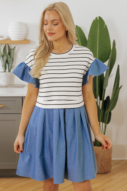 Black Stripe Ruffle Denim Patchwork Round Neck Mini Dress