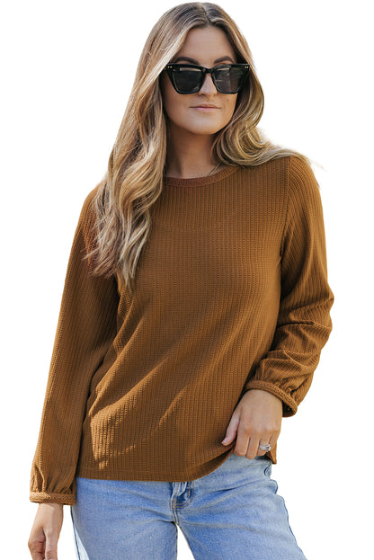 Textured Round Neck Puff Sleeve Top | Brown