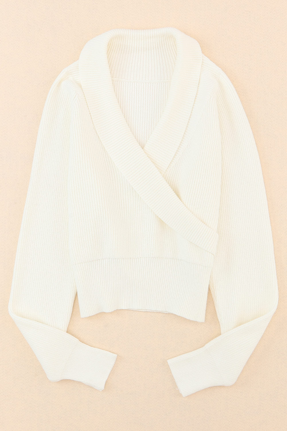 Ribbed Long Sleeve Surplice Crop Sweater | Beige