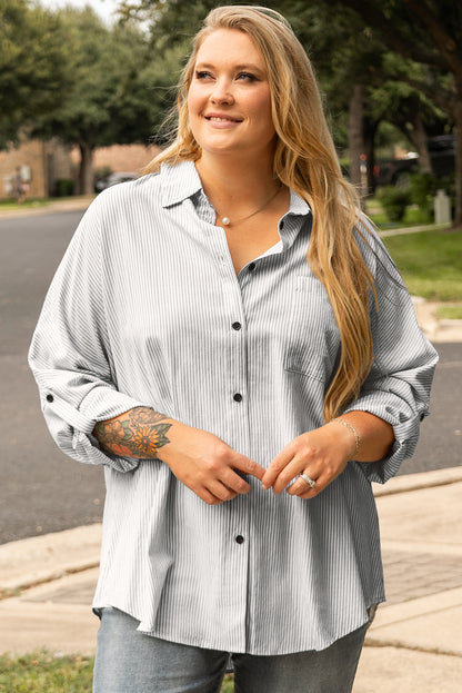 Rolled Tab Sleeve Buttoned Plus Size Shirt | White Stripe