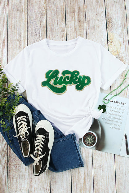 St. Patrick Lucky Chenille Glitter Patched Graphic T Shirt | White