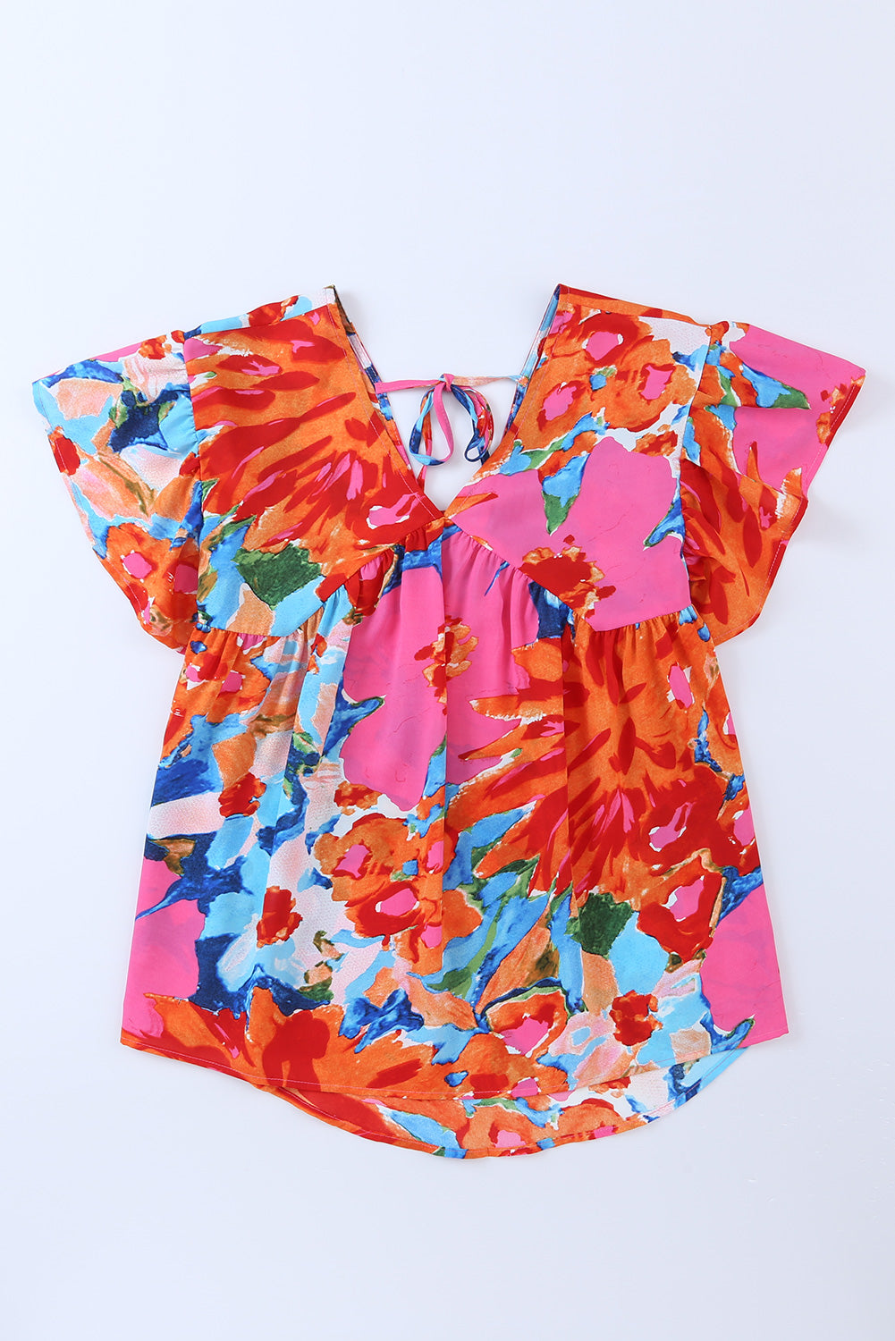 Abstract Print V Neck Flutter Sleeve Blouse | Pink