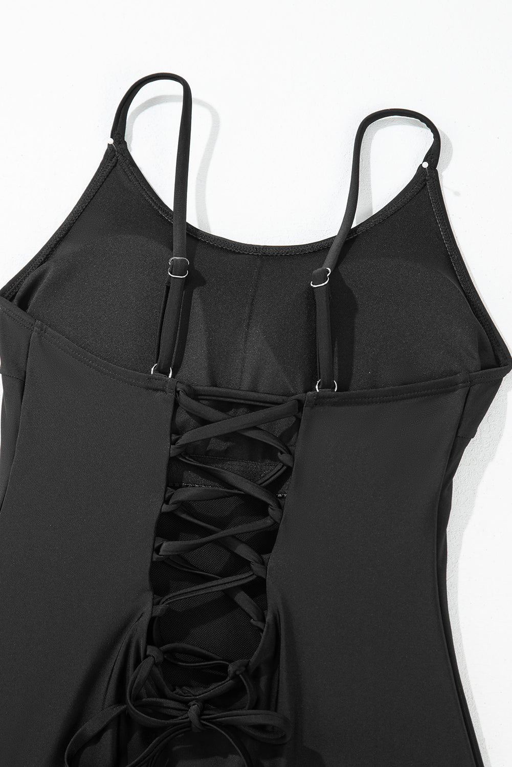 Thin Strap Strappy Lace-Up Open Back One Piece Swimsuit | Black