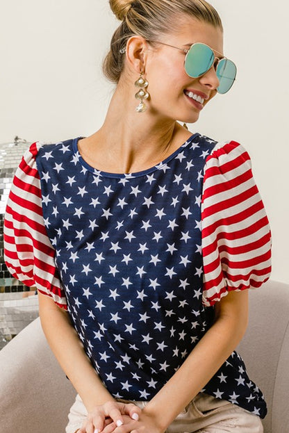 4th of July Stars Stripes Puff Sleeve T Shirt | Navy Blue