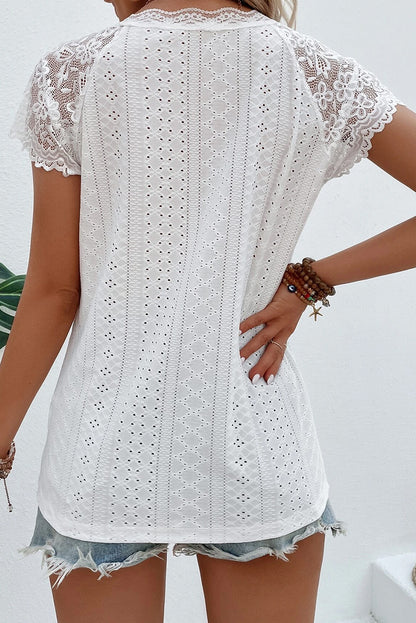 Sheer Lace Short Sleeves Eyelet Embroidered Tee | White