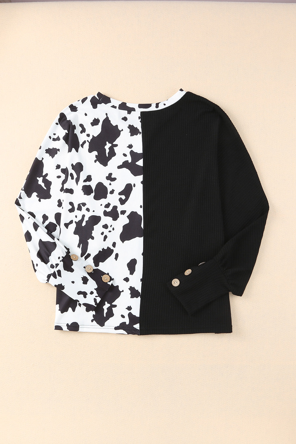 Cow Patchwork Waffle Knit Long Sleeve Top | Black