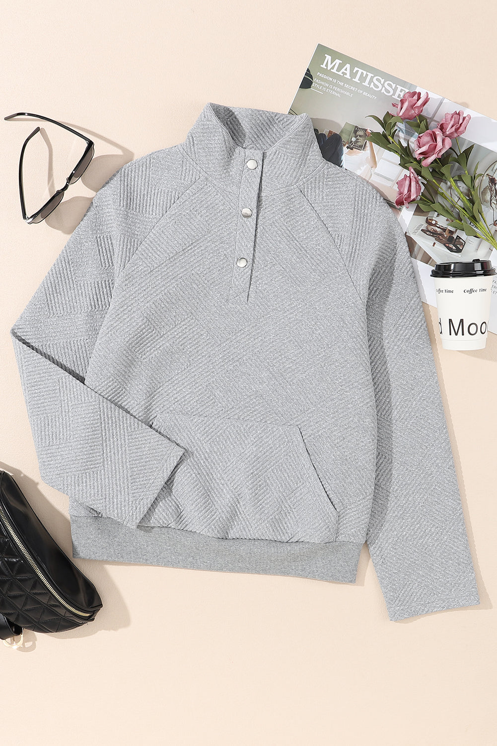 Textured Knit Buttoned Kangaroo Pocket Sweatshirt | Light Grey