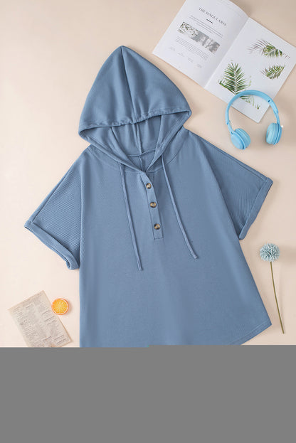 Plus Size Waffle Knit Short Sleeve Drawstring Hoodie | Ashleigh Blue