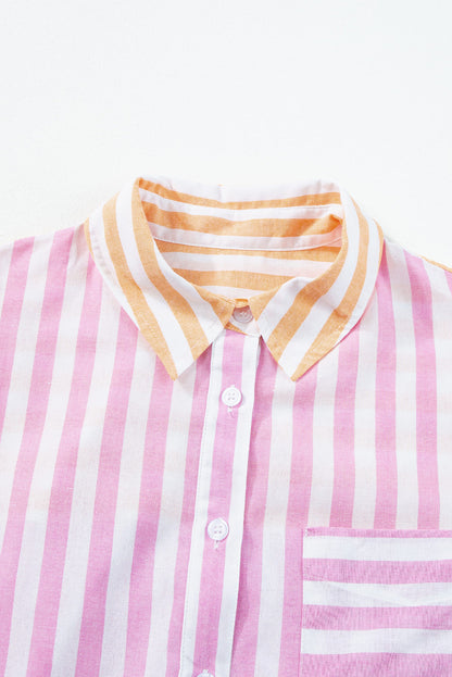 Contrast Collar Long Sleeve Patchwork Shirt | Pink Stripe