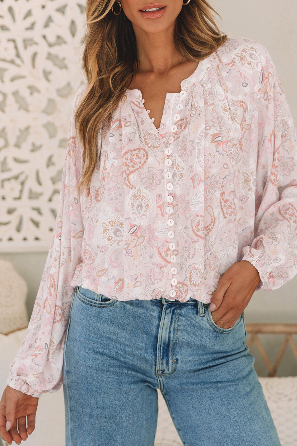 Paisley Print Buttons Bubble Sleeve Blouse | Pink