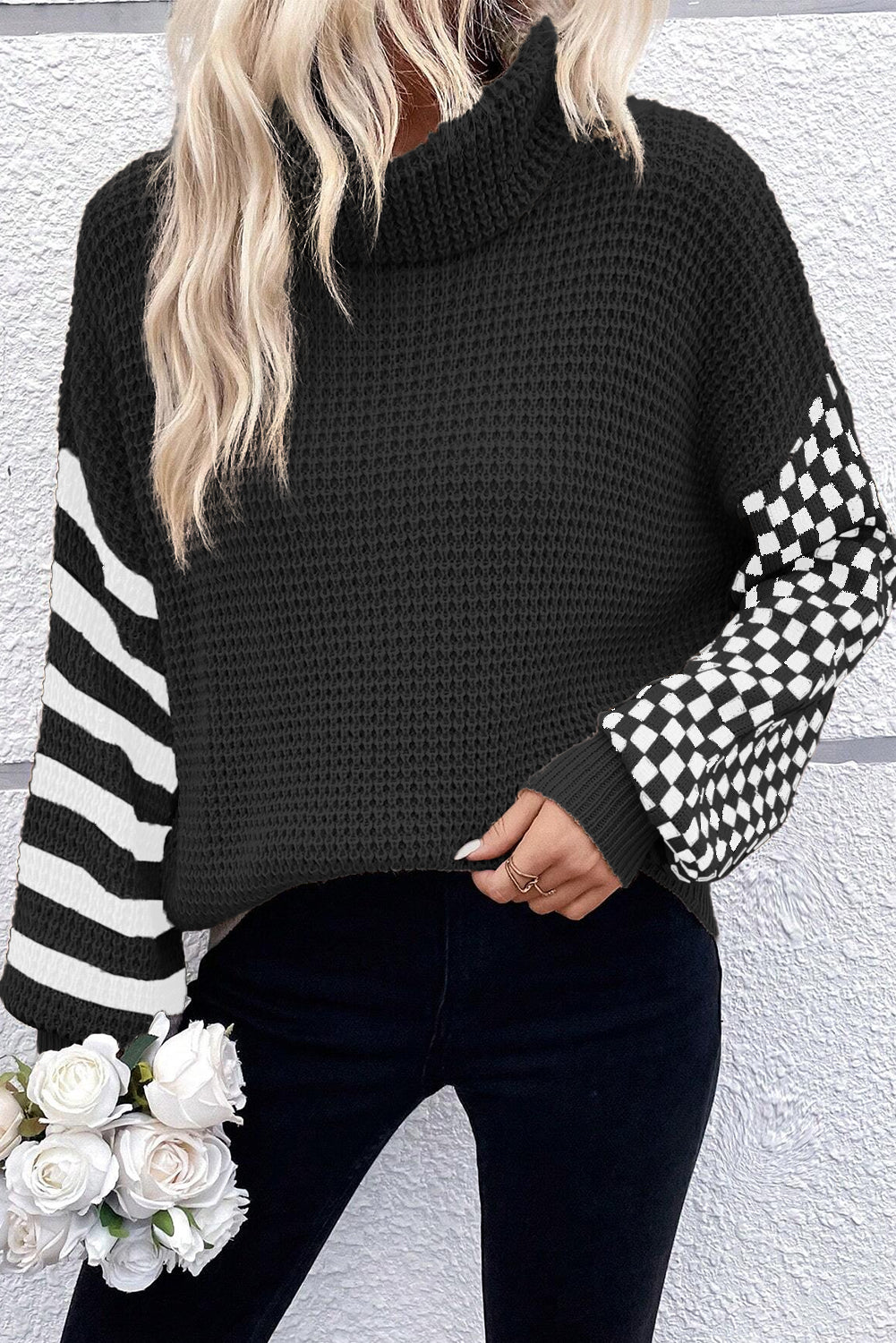 Striped Plaid Patchwork Waffle Knit Turtleneck Sweater | Black