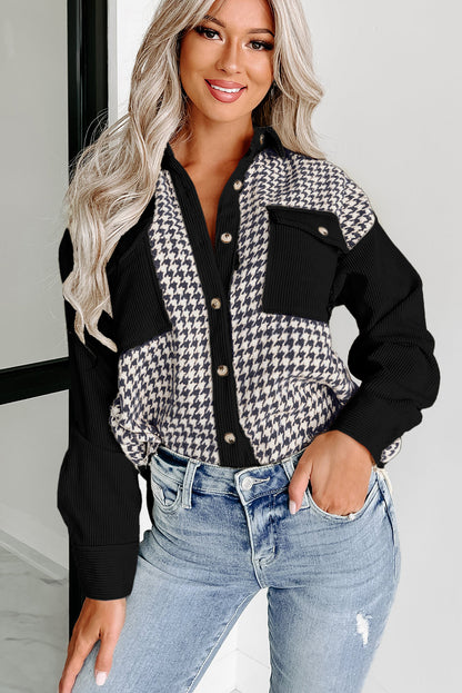 Houndstooth Corduroy Patchwork Flap Pocket Shacket | Black