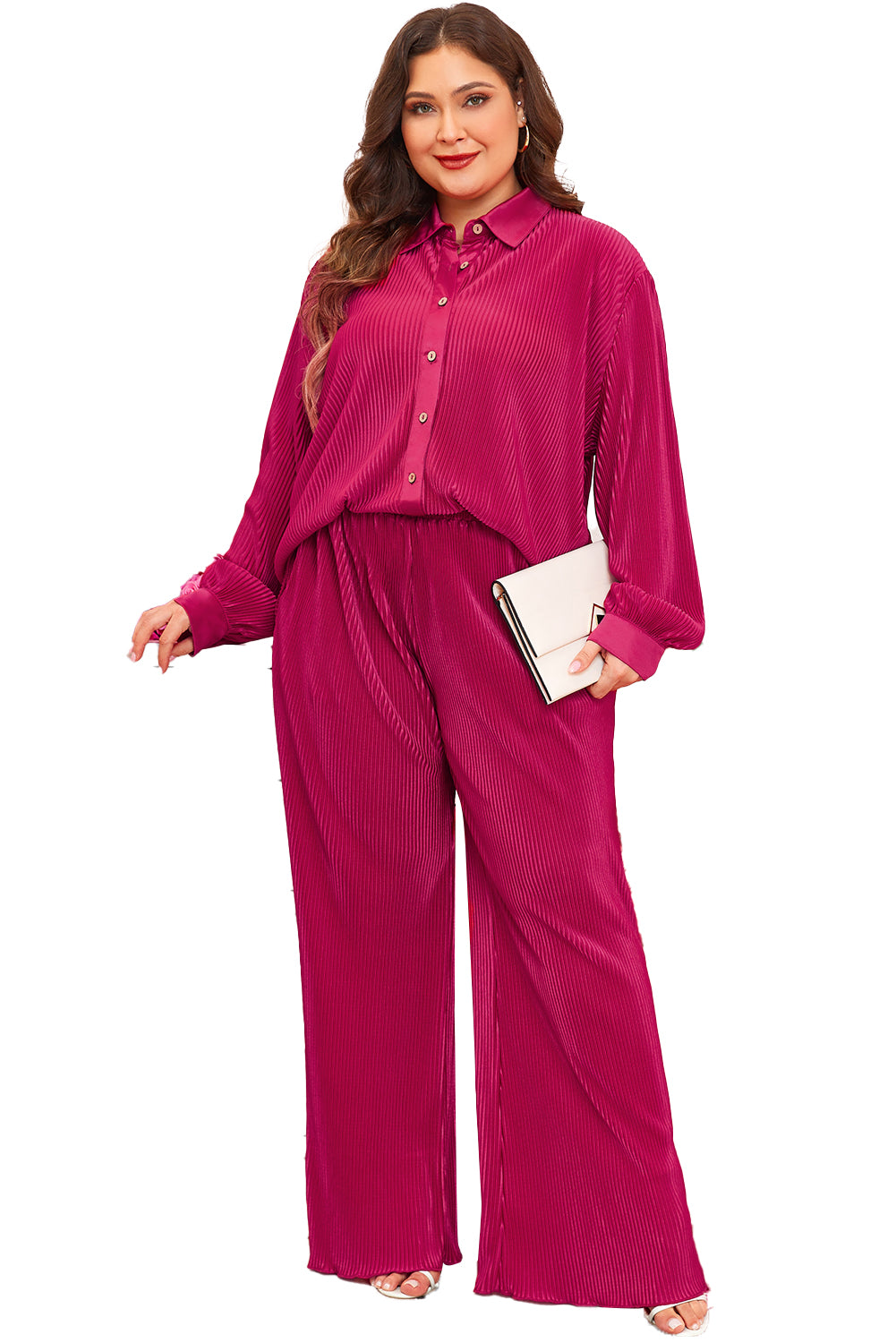 Plus Size Ribbed Long Sleeve Shirt And Pants Pajama Set | Rose Red