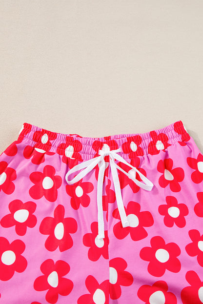 Flower Print Short Sleeve Shirt Pajamas Set | Pink