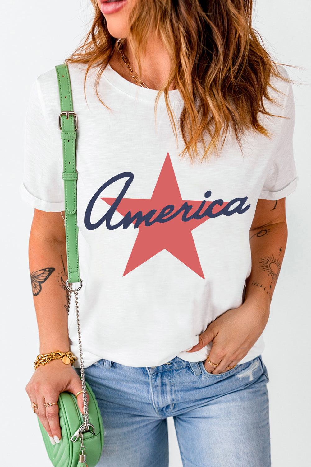 America Star Shape Print O Neck Loose Fit T Shirt | White