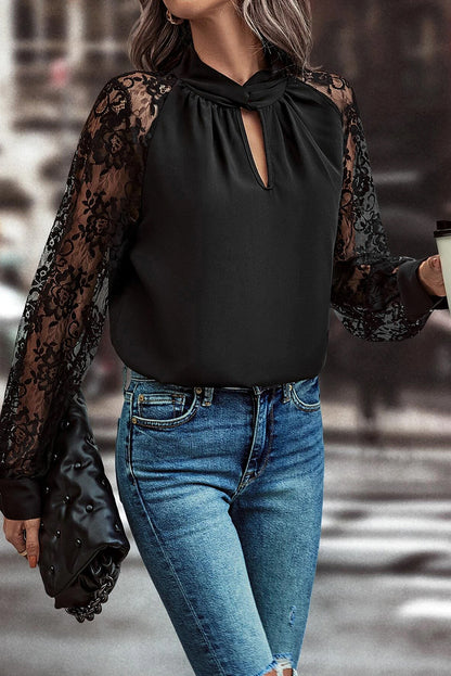 Keyhole Neckline Floral Lace Raglan Sleeve Blouse | Black