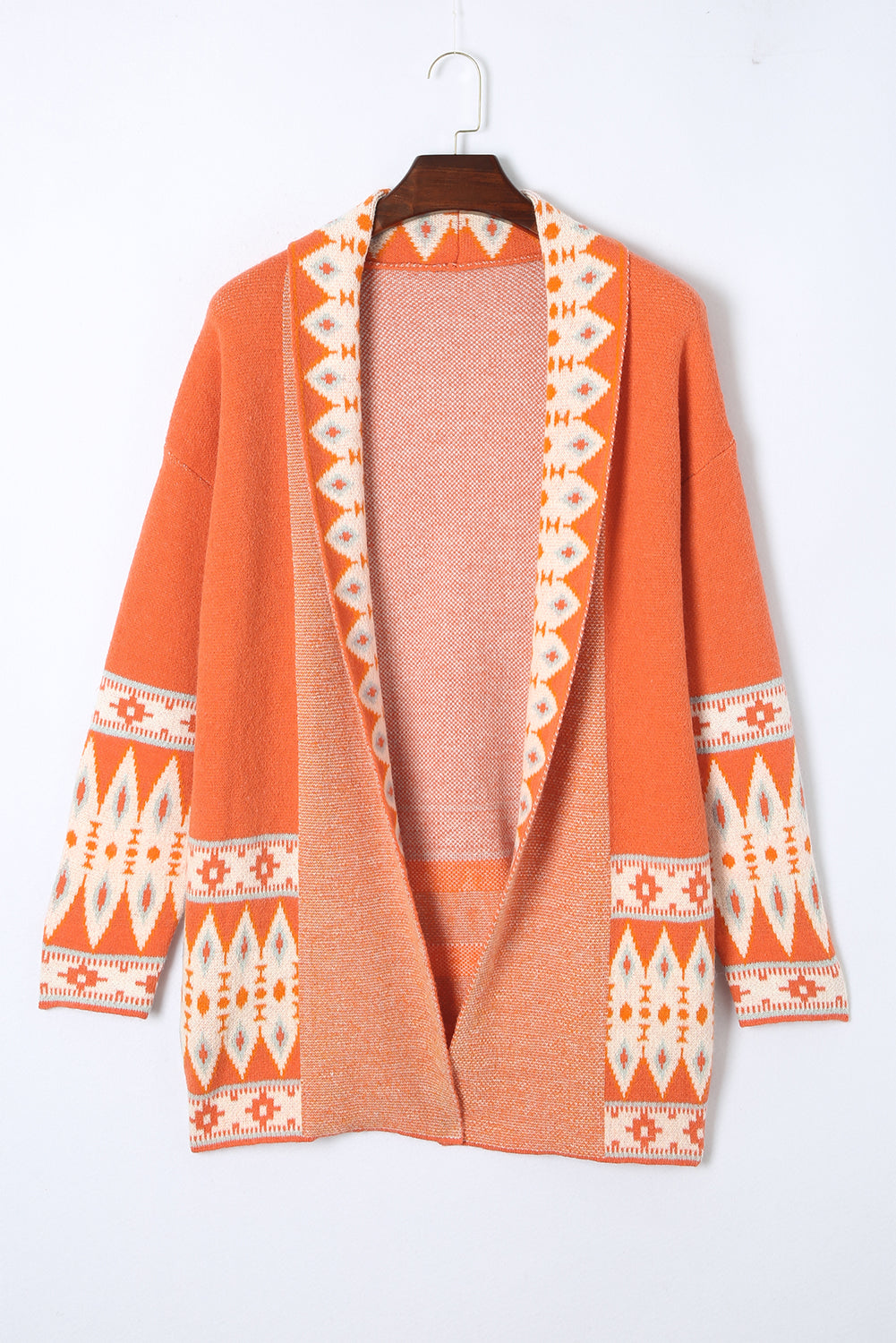 Aztec Print Open Front Knitted Cardigan | Orange Printed