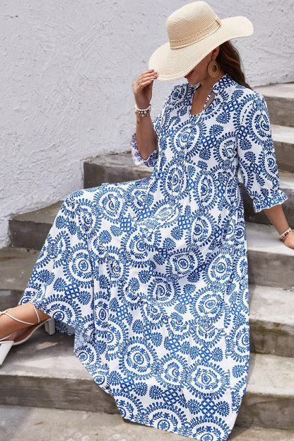 Geometric Print Lace-Up Notch Neck Plus Size Maxi Dress | Sky Blue