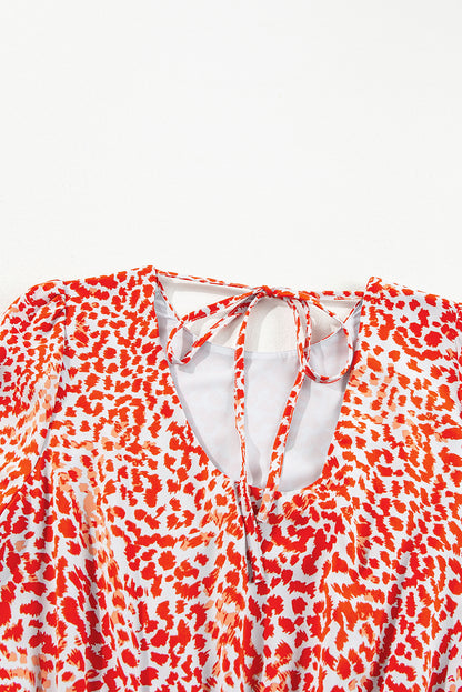 Leopard Print Long Sleeve Hollowed Back Split Mini Dress | Tomato Red