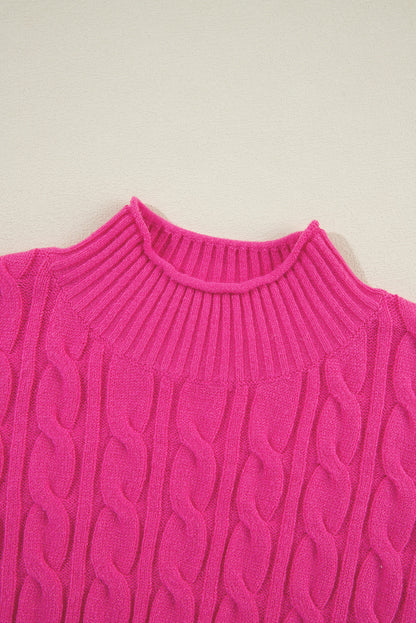 Solid Cable Knit High Neck Drop Shoulder Sweater | Rose Red