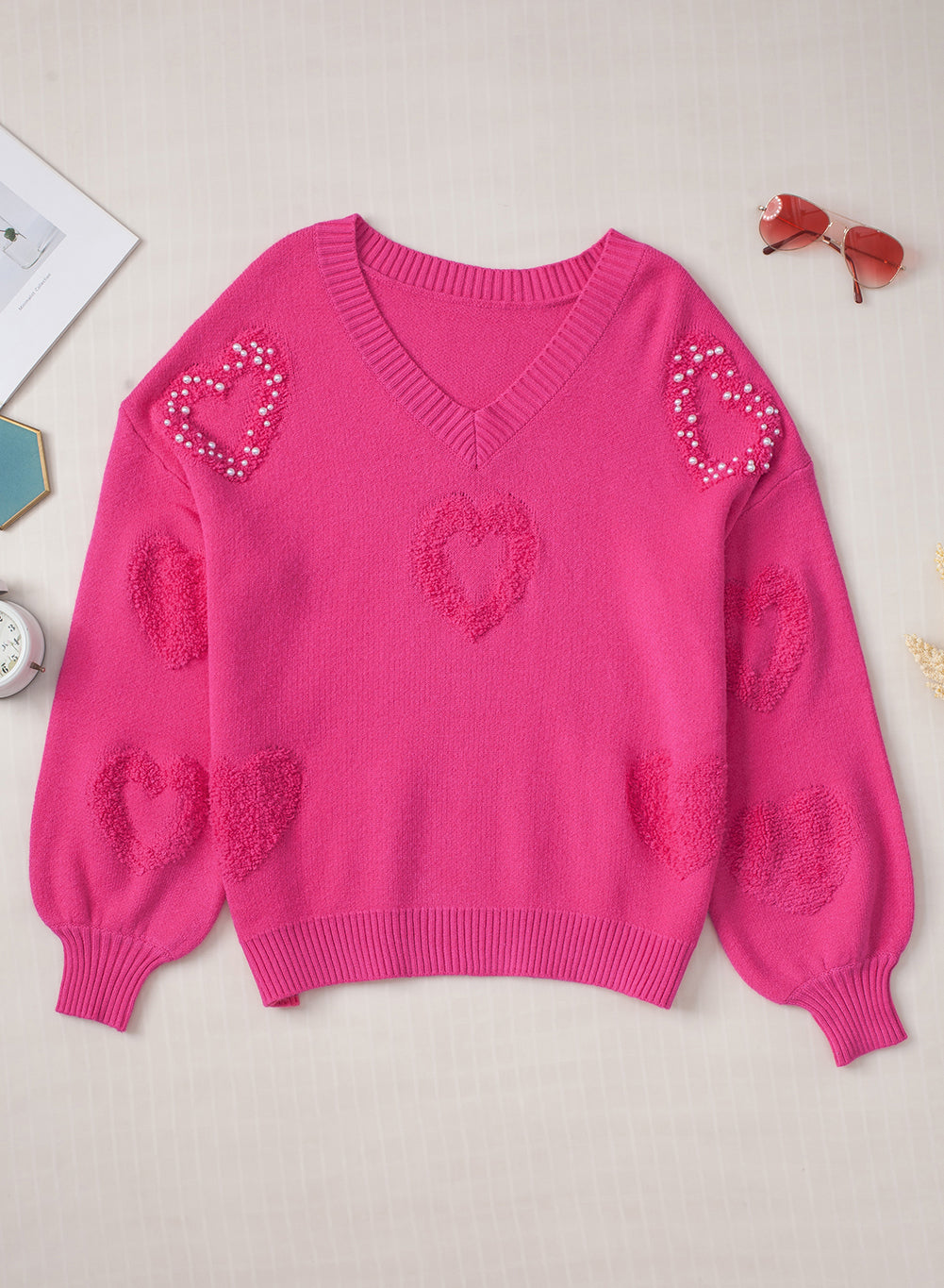 Pearl Embellished Fuzzy Hearts V Neck Sweater | Rose Red