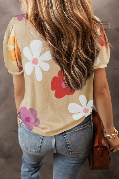 Flower Print Bubble Sleeve Tee | Apricot