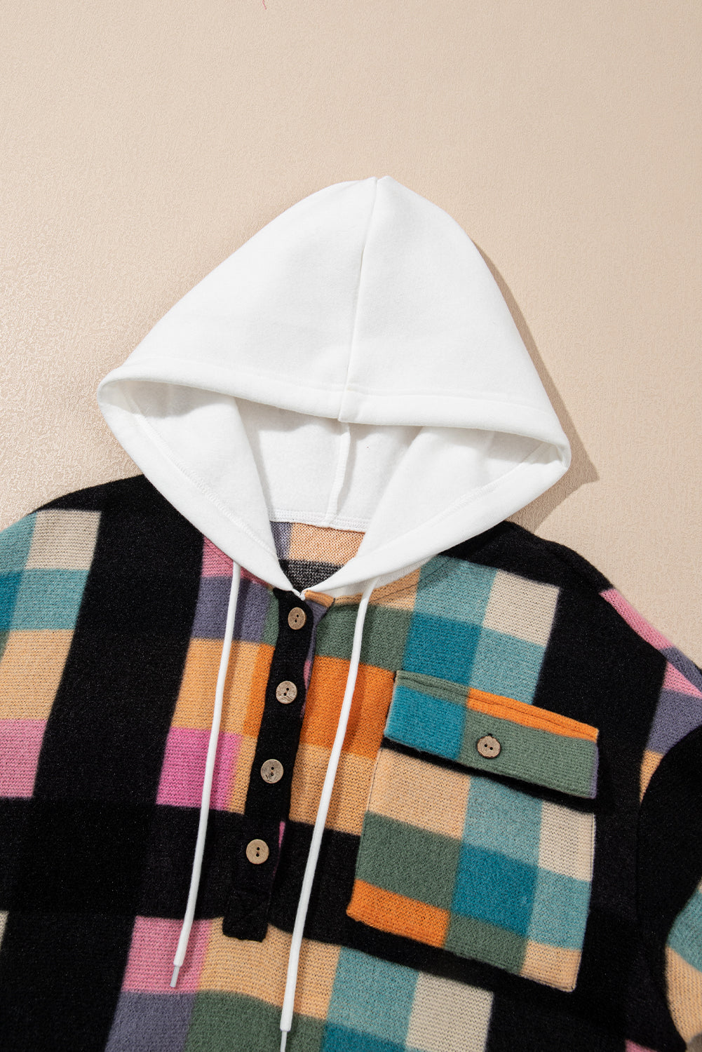 Plaid Colour Block Flap Pocket Buttoned Hoodie | Multicolour