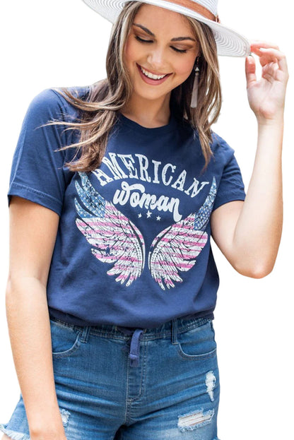 American Woman Flag Eagle Wing Graphic Tee | Blue