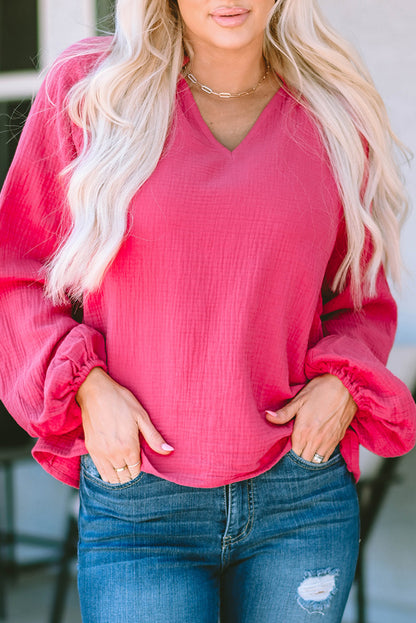 Crinkle Split Neck Puff Sleeve Blouse | Rose