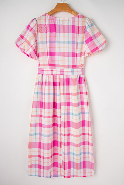 Checkered Puff Sleeve Belted Midi Dress | Pink