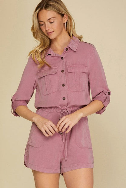 Roll Up Sleeve Flap Pockets Drawstring Playsuit | Peach Blossom