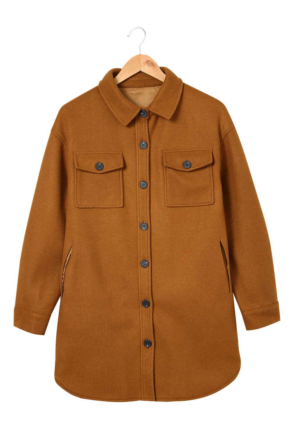 Long Sleeve Pockets Buttoned Shirt Jacket | Brown