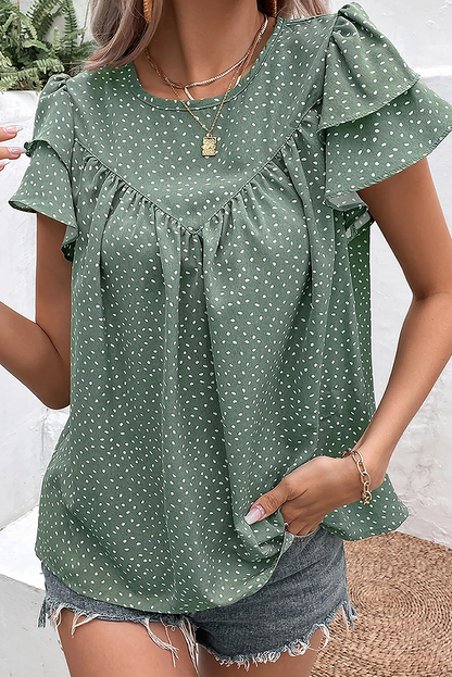 Dotted Ruffle Sleeve Crew Neck Ruched Blouse | Laurel Green