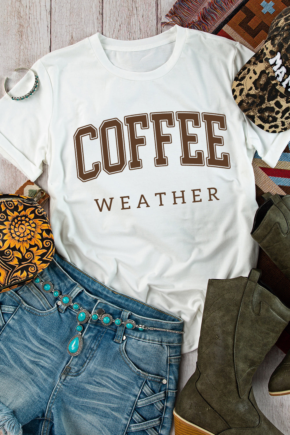 Coffee Weather Round Neck Graphic T Shirt | White