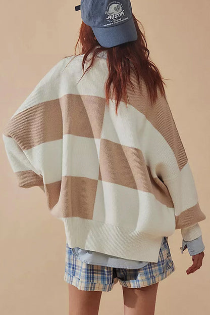 Checkered Side Slits Drop Shoulder Oversized Sweater | Khaki