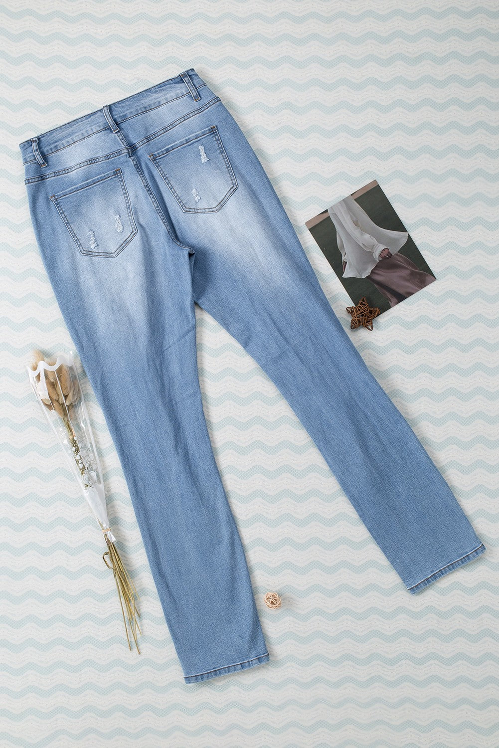 Buttoned Pockets Distressed Jeans | Sky Blue