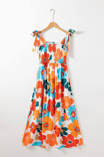 Floral Self Tied Straps Smocked Bust Maxi Dress | Orange