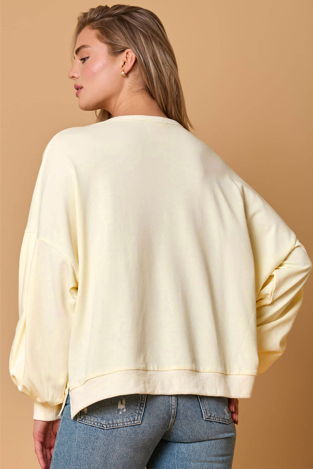 Tinsel Flower Dropped Puff Sleeve Sweatshirt | Beige