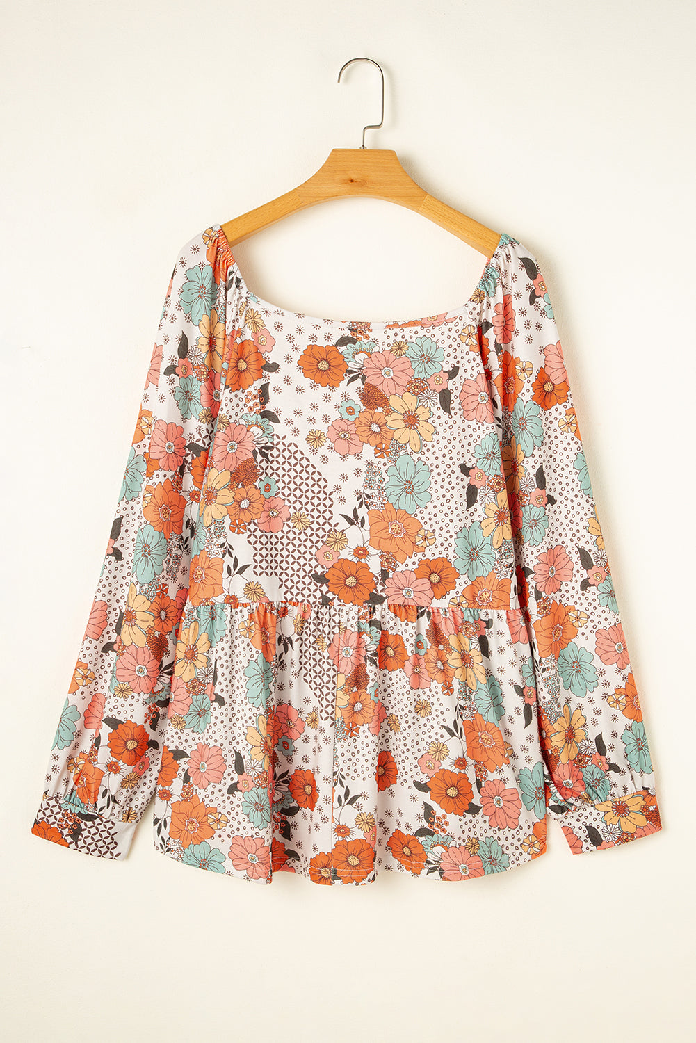 Plus Size Flower Print Square Neck Peplum Blouse | Khaki