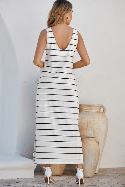 Stripe Print Open Back Sleeveless Maxi Dress With Slits | White