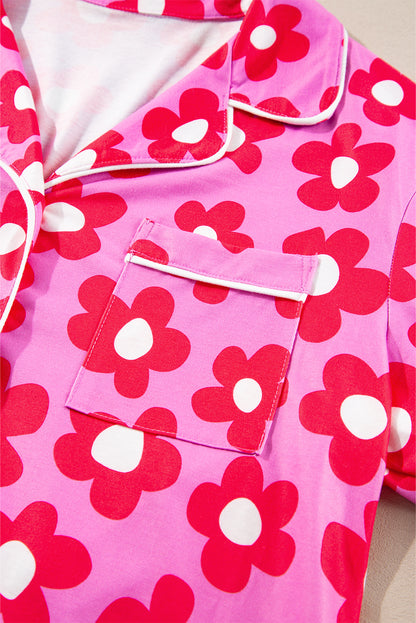 Flower Print Long Sleeve Shirt Shorts Pajamas Set | Pink