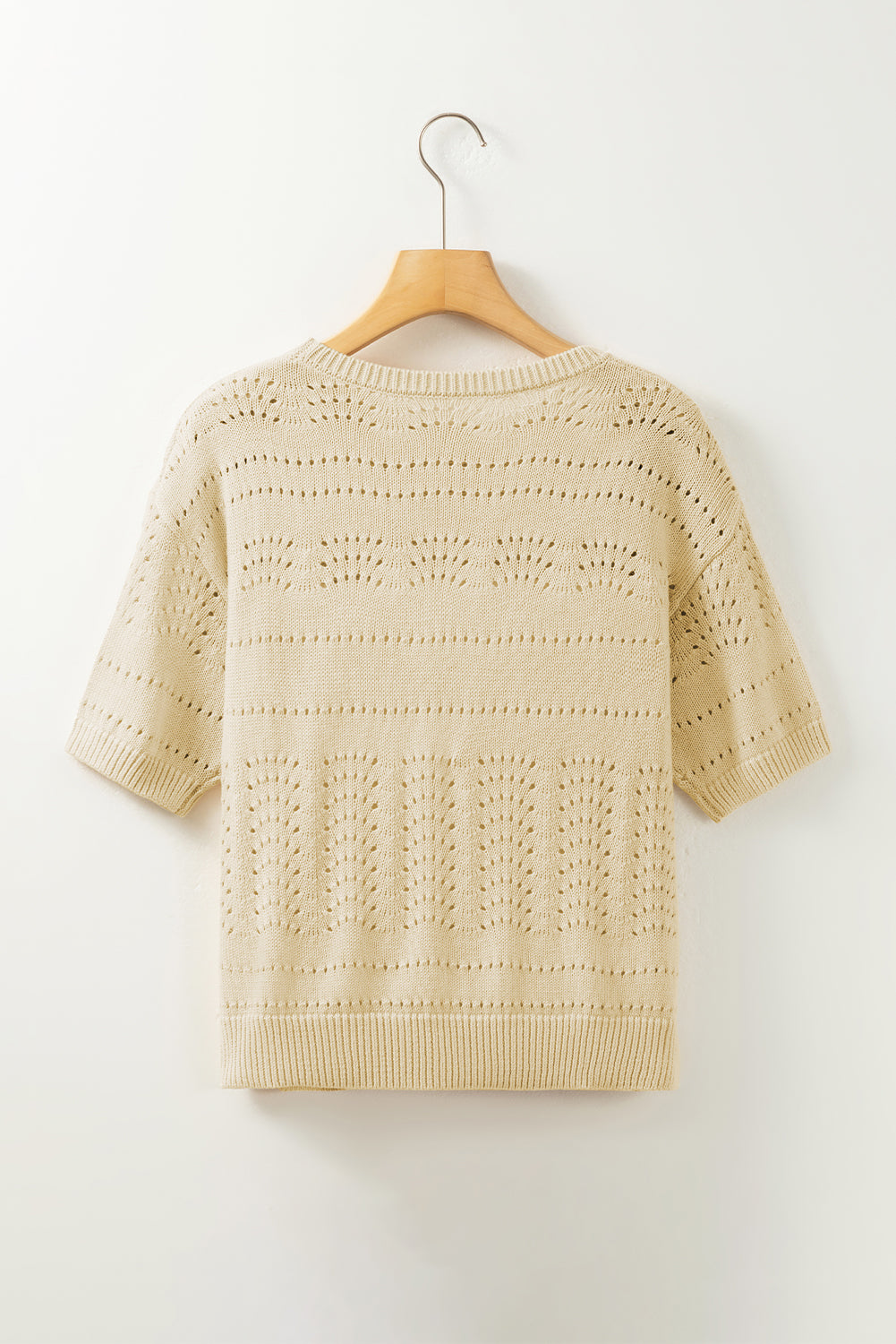 Knitted Hollow Out Short Sleeve Crop Sweater | Beige