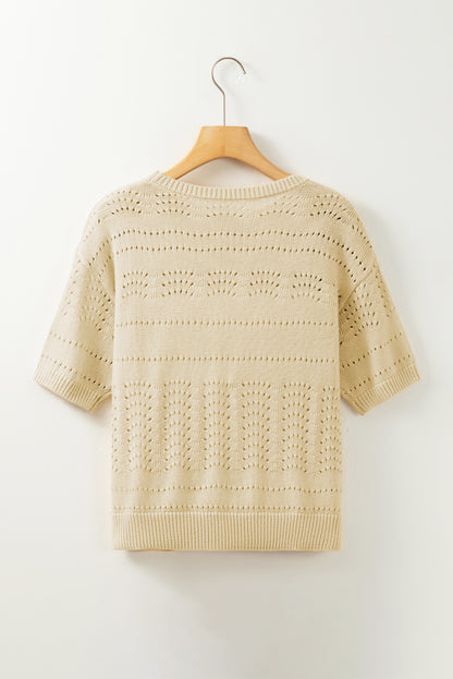 Knitted Hollow Out Short Sleeve Crop Sweater | Beige