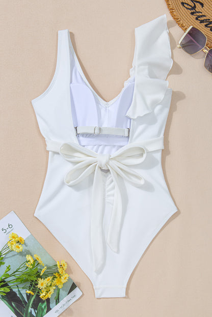 Asymmetric Ruffle Trim Tie Waist One Piece Swimsuit | White