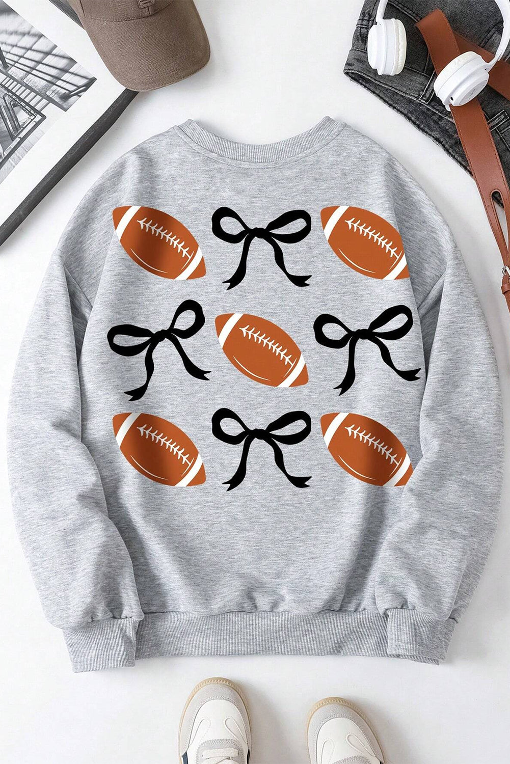 Rugby Football Bow Knot Print Crewneck Sweatshirt | Gray