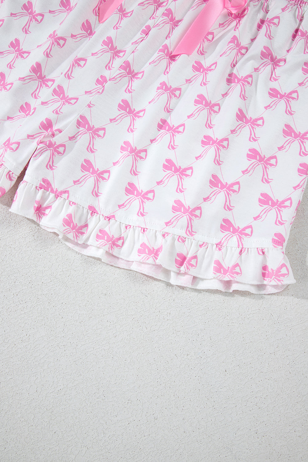 Bowknot Printed Short Sleeve And Ruffled Shorts Pajama Set | Pink