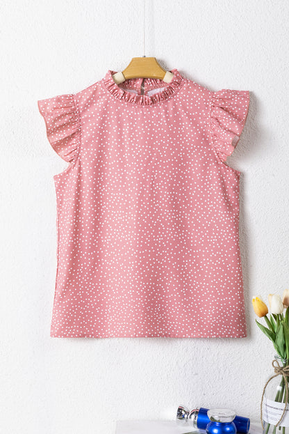 Polka Dots Ruffle Flutter Sleeve Frilled Neck Blouse | Pink