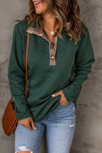 Geometric Texture Plaid Trim Sweatshirt | Green