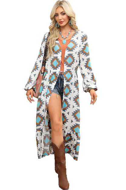 Western Aztec Print Duster Open Front Top | White