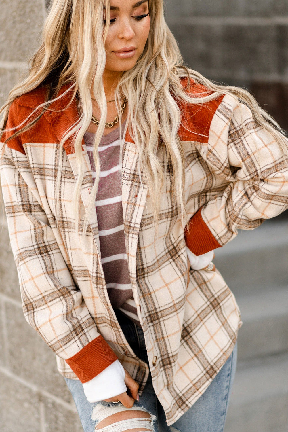 Contrast Corduroy Plaid Shacket | Orange